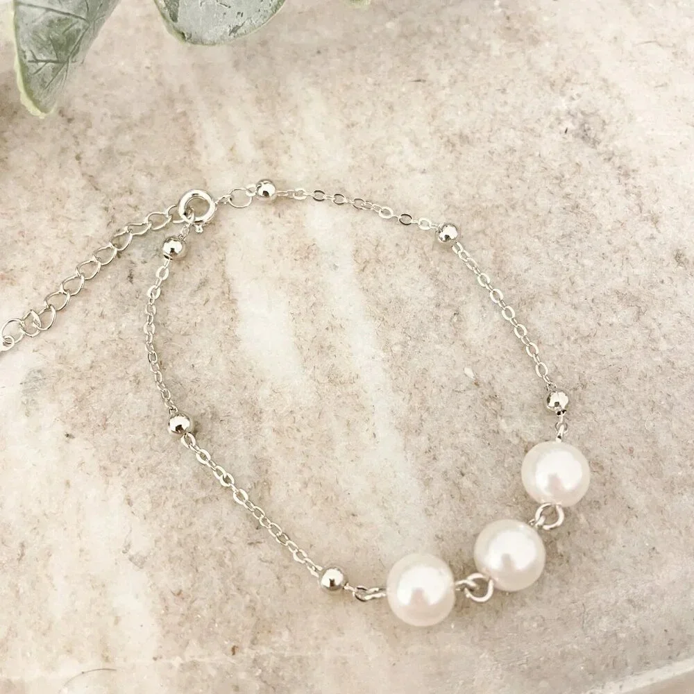 925 Sterling Silver Dainty Pearl Bracelet Bead Bracelet Stackable Bracelet